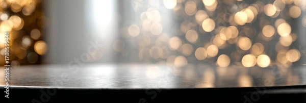 Obraz Reflective surface in front of blurred festive background with white and golden bokeh lights