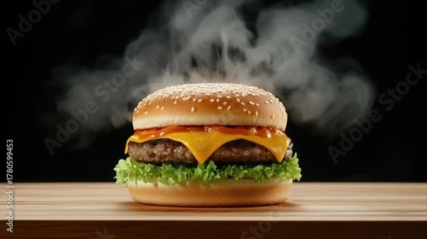 Fototapeta A steaming cheeseburger rests on a wooden surface.