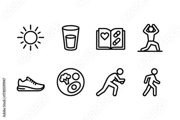Fototapeta Health and Wellness Icons Set Representing a Healthy Lifestyle Routine and Maintaining Physical and Mental Well Being