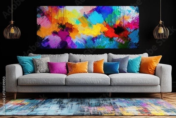 Fototapeta Colorful abstract painting above a modern couch with vibrant throw pillows.