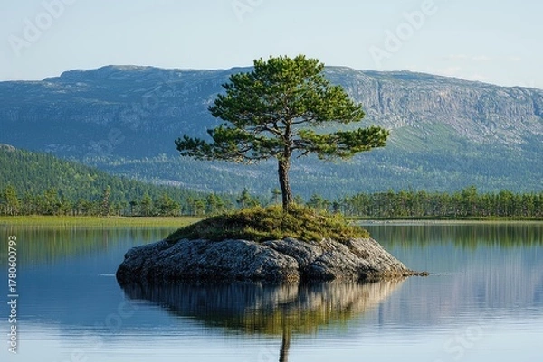 Fototapeta Peaceful lake scene with solitary pine tree on a small island.