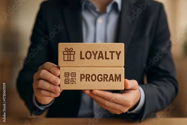 Obraz Businessman holding customer loyalty reward program. great marketing incentive and business strategy for client retention