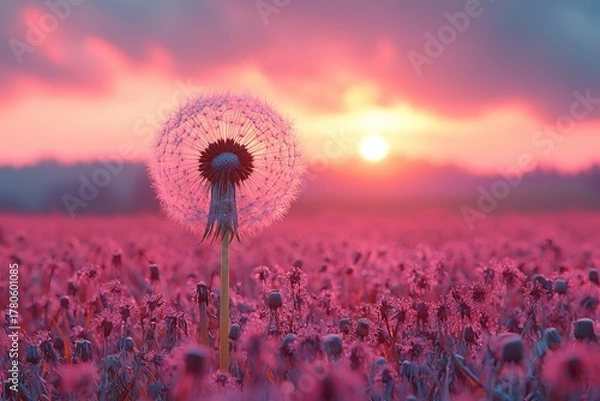 Fototapeta A vibrant dandelion at sunset over a field of flowers.