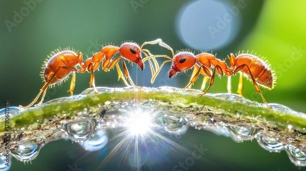 Fototapeta Two ants meeting on a dewy branch