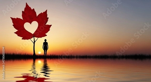 Obraz Silhouette of person near maple leaf with heart symbol at sunset