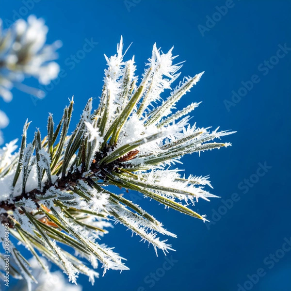 Fototapeta Frosted Pine Branch Winter Close-Up with Blue Background for Seasonal Design