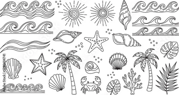 Obraz Monochromatic Vector Line Art Set of Hand-Drawn Tropical and Marine Doodles: Ocean Waves, Sunbursts, Seashells, Starfish, Palm Trees, and Coral Icons for Summer, Beach, and Vacation Design