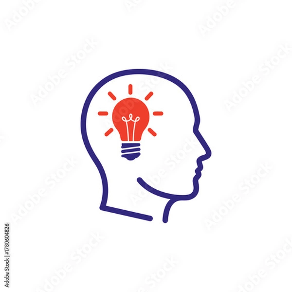 Fototapeta Human head silhouette containing lightbulb represents creative thinking and innovative ideas on white backdrop, symbolizing inspiration and intelligence.