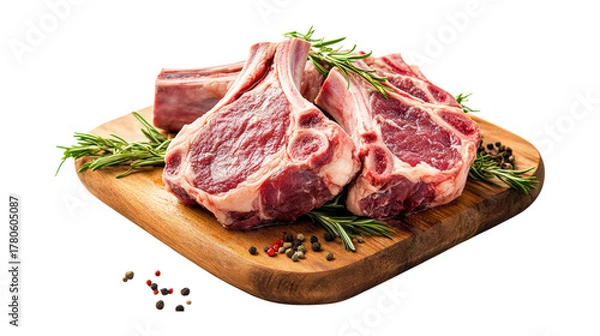 Fototapeta Raw Lamb Chops with Rosemary and Peppercorns isolated on a transparent background