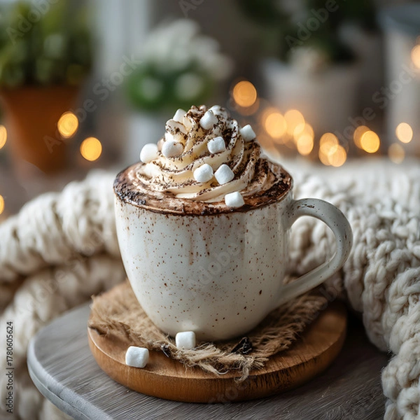 Fototapeta Cup of hot chocolate with whipped cream and marshmallows on cozy winter background