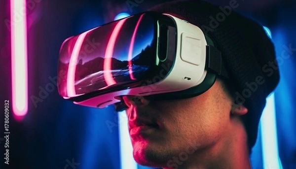 Fototapeta Young person immersed in virtual reality headset with vibrant neon reflections in a futuristic setting.