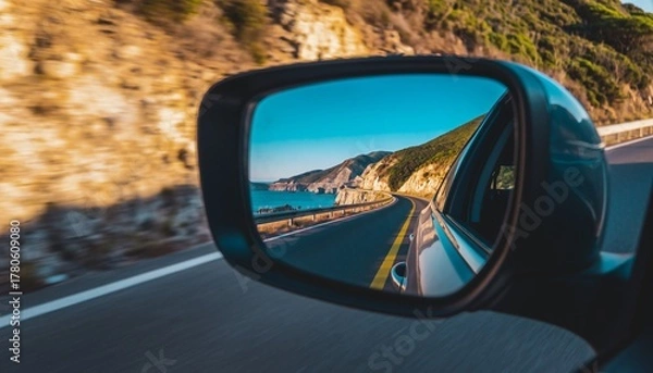 Fototapeta Car side mirror reflecting a scenic coastal road with the sea and mountains under a bright sky