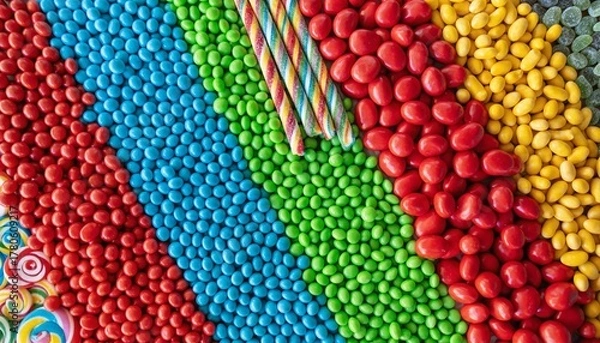 Fototapeta Sweet, vibrant candies arranged in colorful diagonal stripes with lollipops and candy sticks