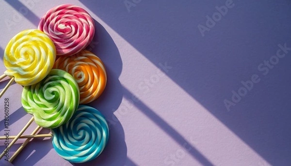 Fototapeta Colorful swirl lollipops casting diagonal shadows on a vibrant purple background.