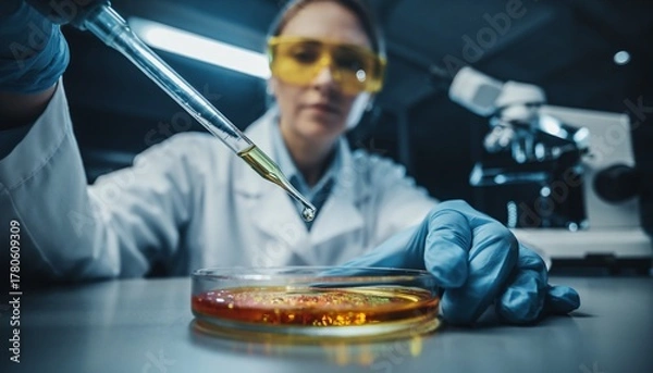 Fototapeta Scientist carefully drips liquid into a petri dish during a detailed lab experiment