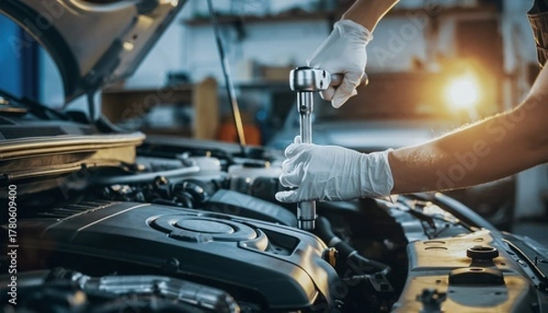 Fototapeta Mechanic's hands using a wrench on a car engine in a bright auto repair shop