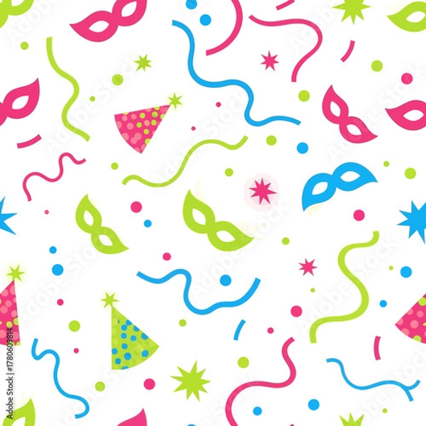 Obraz Party Time Colorful Masks, Confetti, and Party Hats Pattern on White Background