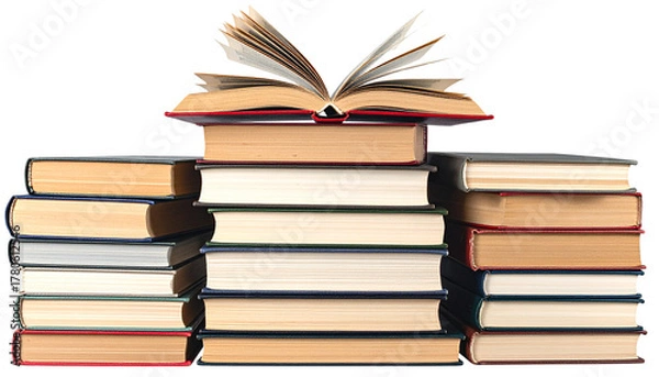 Fototapeta A pile of old textbooks separated on a white background.