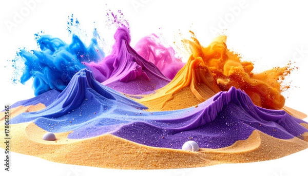 Fototapeta Small green and red toy castle on sandy beach isolated on white background.