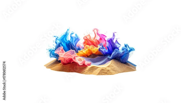 Obraz Small green and red toy castle on sandy beach isolated on white background.