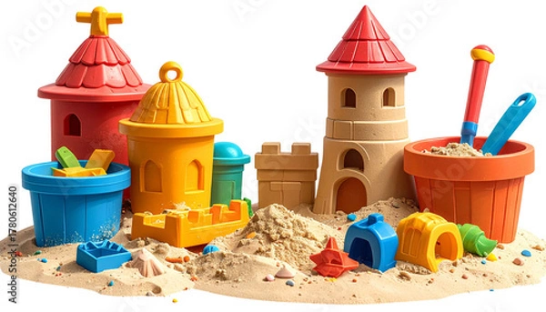 Fototapeta Small green and red toy castle on sandy beach isolated on white background.