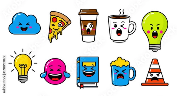 Fototapeta Cheerful cartoon emoji collection featuring diverse expressions and humorous icons for visual