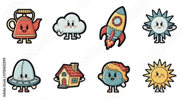 Fototapeta Playful Cartoon Character Icons Representing Objects and Elements with Kawaii Style