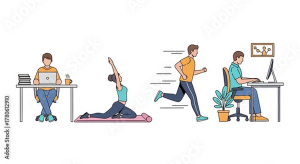 Fototapeta Work-Life Balance: Illustration of Office Work, Yoga, Running, and Desk Work Scenes Representing a