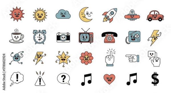 Fototapeta Whimsical collection of retro cartoon doodle elements with expressive faces and quirky objects