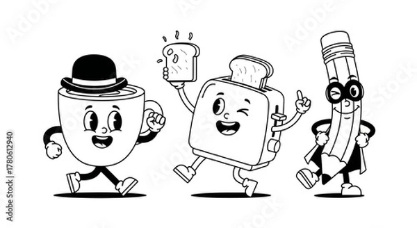 Fototapeta Animated cartoon trio of coffee, toaster with toast and pencil in cheerful stride