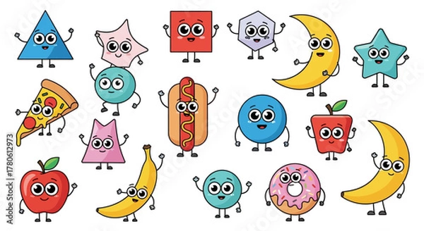 Fototapeta Delightful cartoon characters featuring geometric shapes and food items in cheerful design