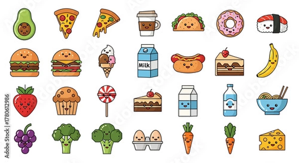 Fototapeta Colorful cartoon food vector illustration showcasing a diverse assortment of food items with happy