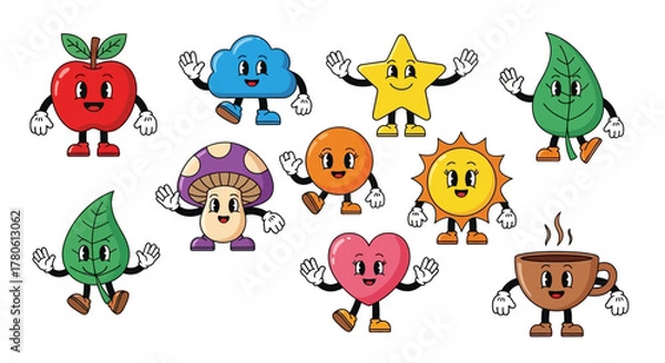 Fototapeta Collection of cheerful retro cartoon characters with charming vintage design aesthetic illustration