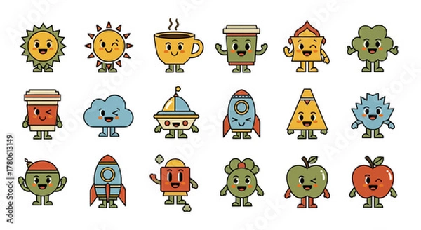 Fototapeta Retro Cartoon Character Set with Smiling Faces, Geometric Shapes, and Playful Elements