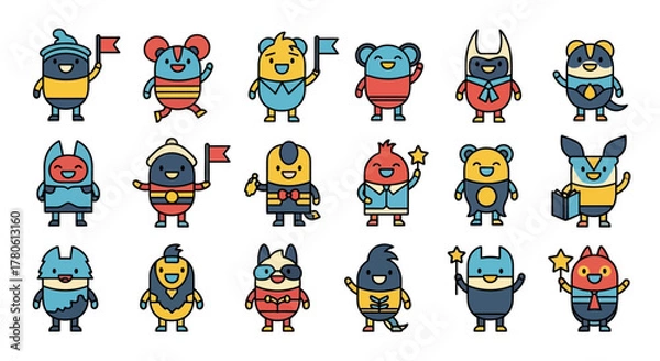 Fototapeta Diverse collection of whimsical cartoon characters with charming expressions and vibrant color
