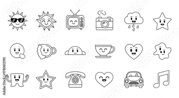 Fototapeta Doodle Illustration Collection of Cute Objects and Characters with Smiling Faces for kids book