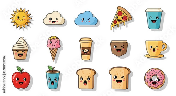 Fototapeta Cheerful kawaii food and beverage icons showcasing a delightful collection of expressive designs