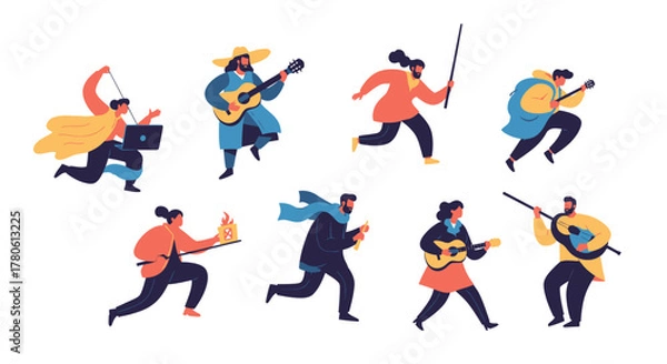 Fototapeta Energetic characters in dynamic motion with diverse accessories and musical instruments