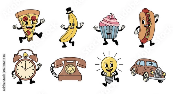 Fototapeta Retro cartoon characters featuring pizza, banana, cupcake, hotdog, and vintage items