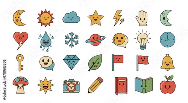Fototapeta Set of whimsical kawaii style vector icon illustrations for diverse creative designs