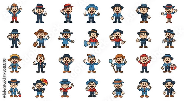 Fototapeta Variety of cartoon characters in hats and suits demonstrating diverse actions and poses