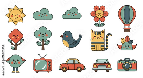 Fototapeta Collection of charming retro style cartoon elements sun cloud tree flower cat bird