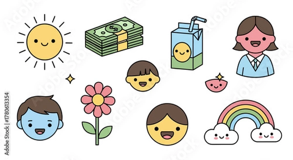 Fototapeta Collection of Cartoon Character and Icon Illustrations with cheerful and colorful designs