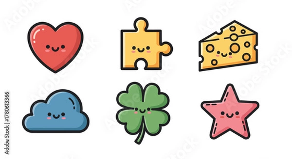 Fototapeta Collection of adorable cartoon icons with cute smiling faces isolated on a white backdrop