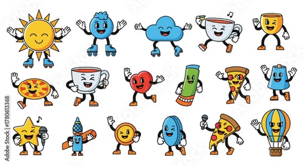 Fototapeta Whimsical Cartoon Characters Seamless Pattern Featuring Varied Objects with Retro Animation Style