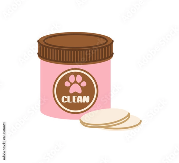 Fototapeta Pet cleaning cloths in a simple flat style.  Pink jar with brown lid with napkins for the eyes, ears, teeth of a pet. Isolated vector illustration