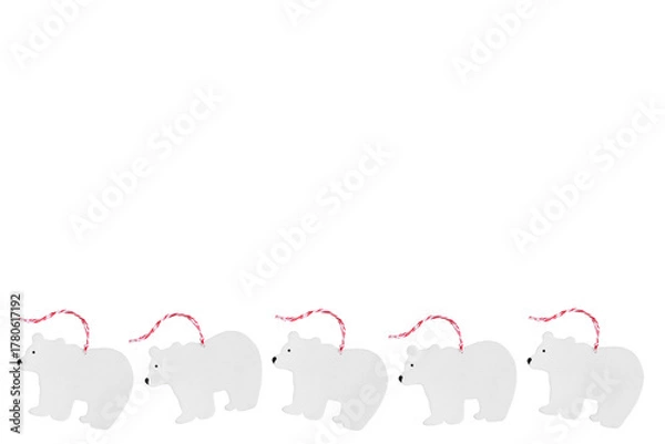 Fototapeta Five white wooden bears isolated on transparent background, png, christmas border