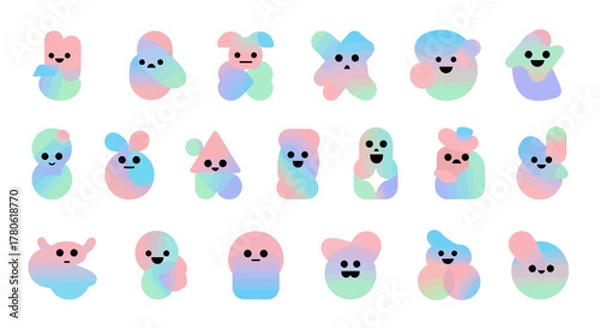 Fototapeta Collection of pastel gradient characters featuring whimsical faces and assorted playful shapes