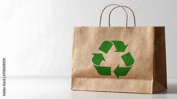 Fototapeta A clean brown paper shopping bag with a green recycling symbol, placed on a white surface, isolated on white background