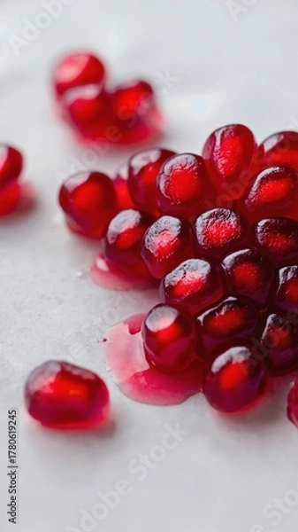 Obraz Juicy pomegranate seeds scattered on white surface. Vibrant and appetizing display. Close-up of glistening pomegranate arils. Ruby red color and freshness